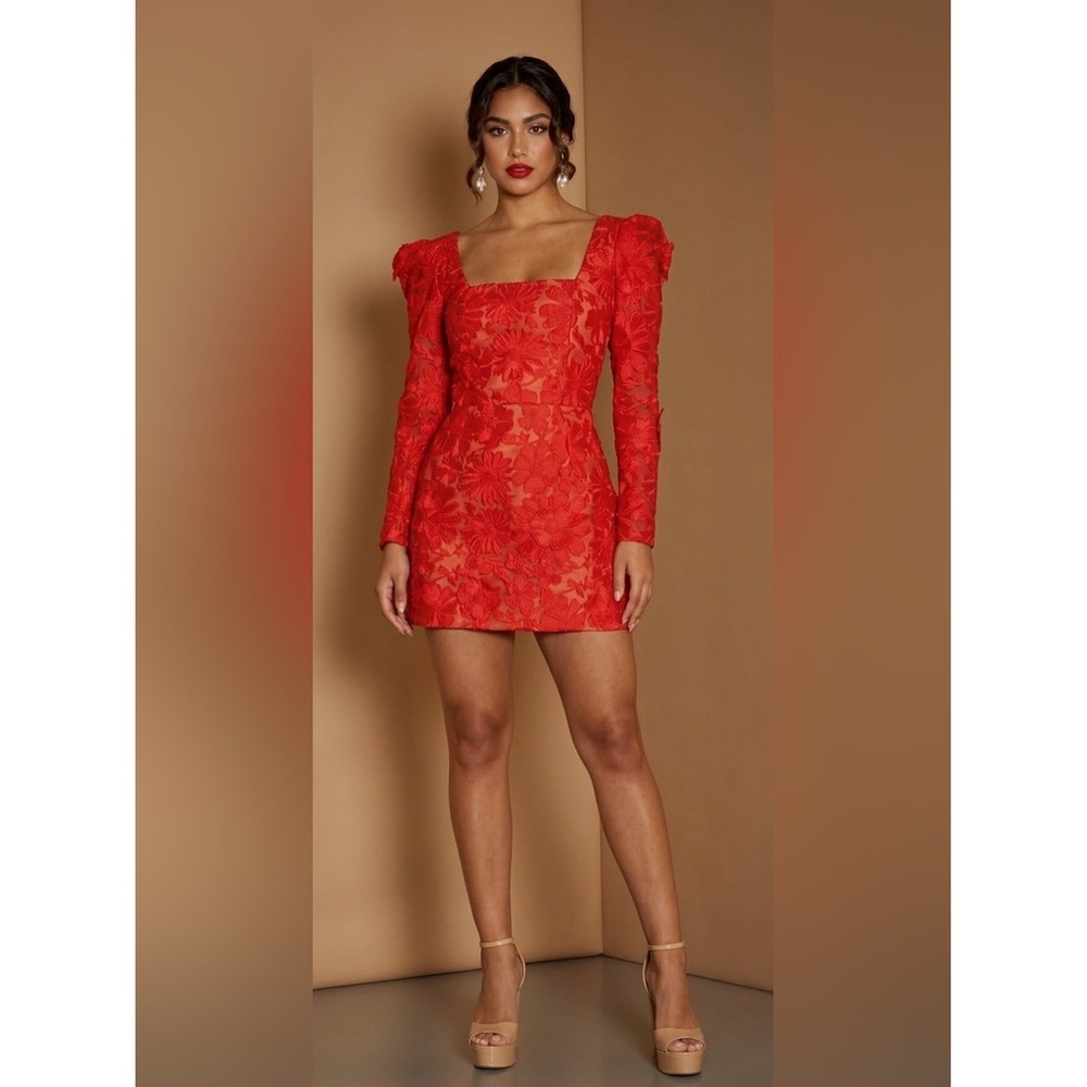 NWT HELSI Ellen Flower Appliqué Long Sleeve Minidress Sz Large in POPPY